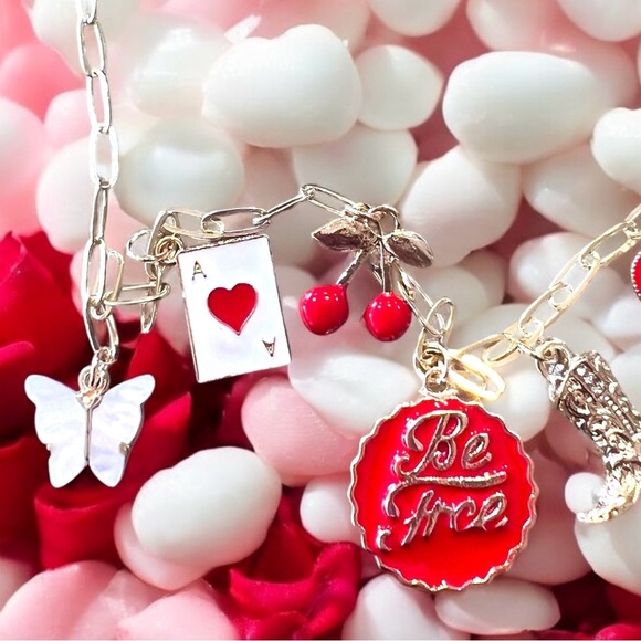 Gold toned dainty and fun Charm Necklace cherries, heart, boot and butterfly - Picture 7 of 16